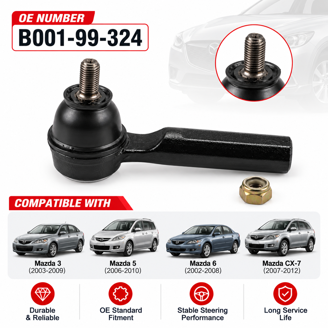 B001-99-324 High Strength Outer Tie Rod End for Mazda Truck | Topshine